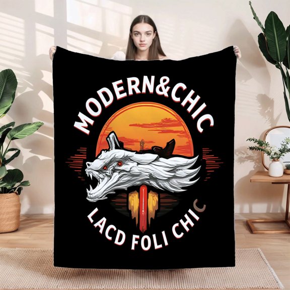 Stylish Flannel Blanket - Cozy Soft Warm Throw for Sofa Travel & Bed - Retro Wolf Design with Bold Colors & Chic Text