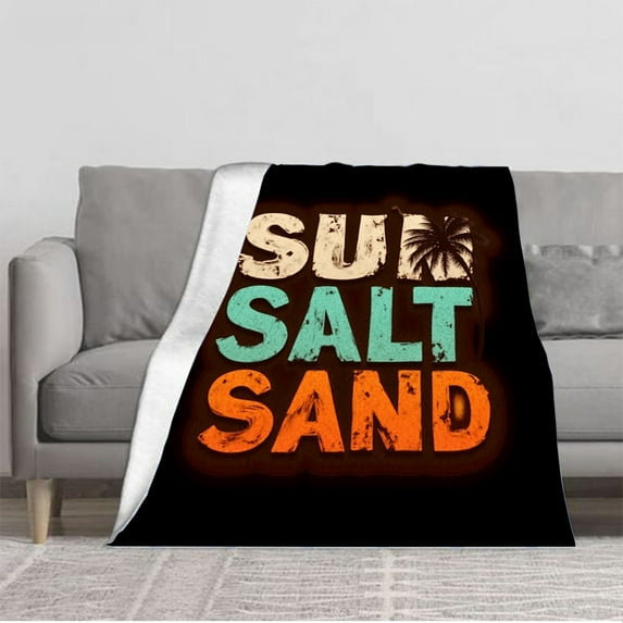 Stylish Flannel Blanket with Tropical ' SUN SALT SAND ' Design Soft & Cozy for Sofa Travel Bed Chair - Perfect for Warmth & Style