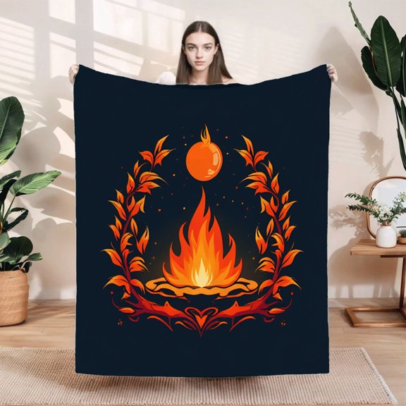 Stylish Flannel Blanket with Vibrant Flame & Leaf Design - Soft Cozy Perfect for Sofa Travel Bed or Chair - Warm & Durable