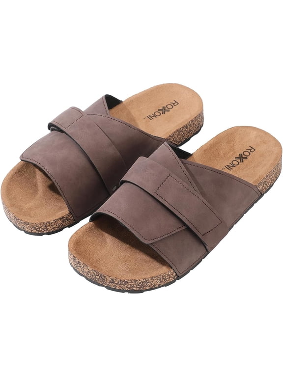 Stylish Flat Sandals for Men - Adjustable Strap, Suede Covered, Molded Faux Cork Midsole, EVA Rubber Sole