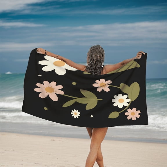 Stylish Floral Design Bath Towel - Large White Daisy & Pink Flowers on Dark Background - Perfect for Beach Pool and Travel