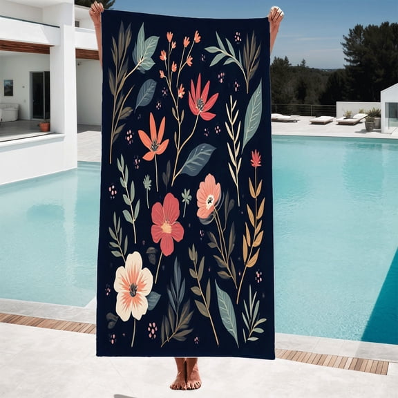 Stylish Floral Design Bath Towel - Soft Muted Colors Perfect for Beach Pool or Travel - Large Pink & Red Blossoms with Green Leaves