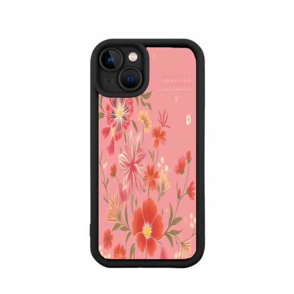 Stylish Floral Design iPhone 15 Case - Lightweight Yellowing Resistant Black with Pink Red & Orange Flowers on Soft Pink Background
