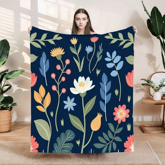 Stylish Floral & Leaf Pattern Flannel Blanket - Soft Warm Cozy for Sofa Travel Bed Chair - Vibrant Colors on Dark Blue