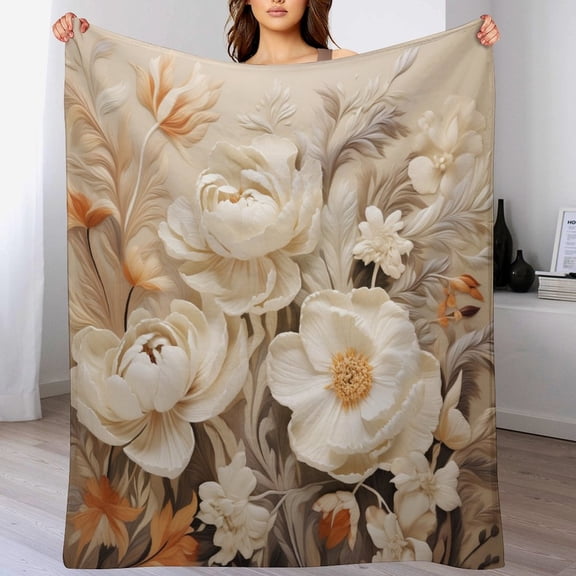 Stylish Floral Neutrals Pretty Throw Blanket for Winter Bedding Couch And Gift 60"x80" Wild Flowers in Vintage Style Watercolor Home Décor Fuzzy Warm And Cozy Throws Flannel Blanket