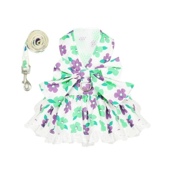 Stylish Floral Pet Dress and Leash Set for Small Dogs Cats Summer Lightweight Bowknot Lace Apparel