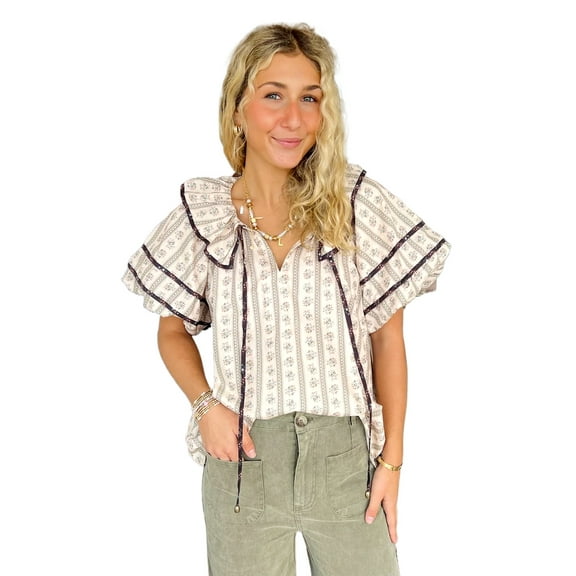 Stylish Floral Print Blouse with Ruffled Collar and Puff Sleeves for Summer - [ZhiHiMeRi] | (US 8-10)M