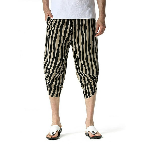Stylish Floral Print Men's Capri Pants with Elastic Waistband for Spring and Summer Black S
