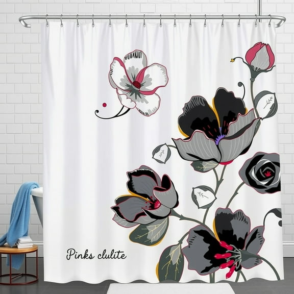 Stylish Floral Shower Curtain in Gray, Black, White & Crimson Accents