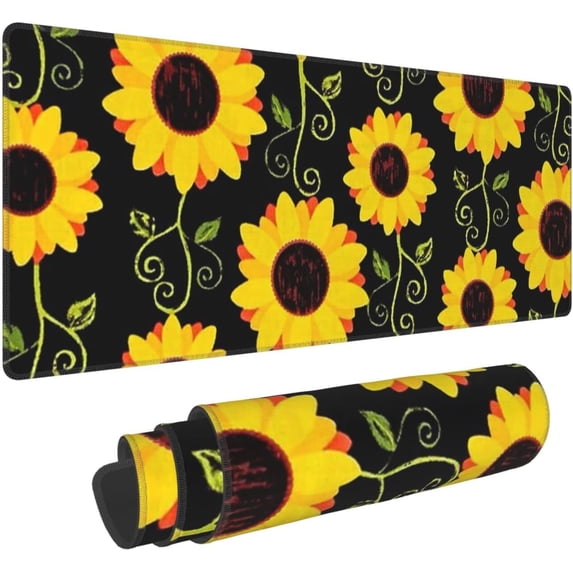 Stylish Floral Sunflower Printed Mouse Pad, Oversized Game Mouse Pad with Stitched Edge and Non-Slip Rubber Base, Desk Pad, Writing Pad