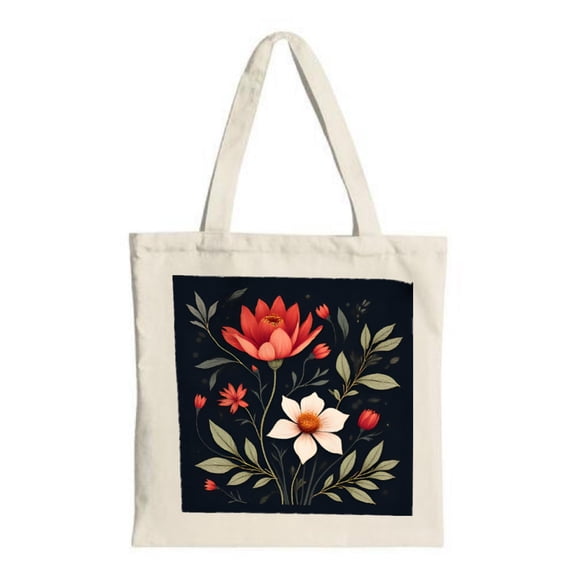 Stylish Floral Tote Bag - Dark Background with Red & White Flowers Green Leaves Perfect for Shopping Travel & Parties