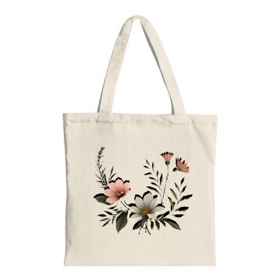 Stylish Floral Tote Bag - Natural Canvas with Pink & White Flowers Green Leaves; Perfect for Shopping Travel & Parties