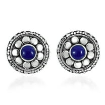 Stylish Flower with Blue Lapis Inlaid Center Sterling Silver Stud Earrings