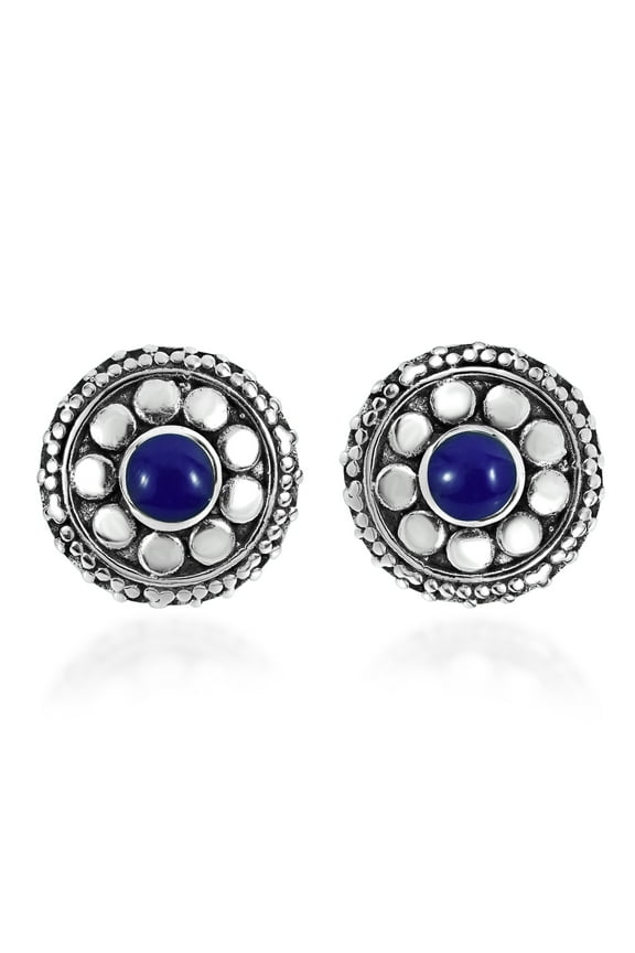Stylish Flower with Blue Lapis Inlaid Center Sterling Silver Stud Earrings