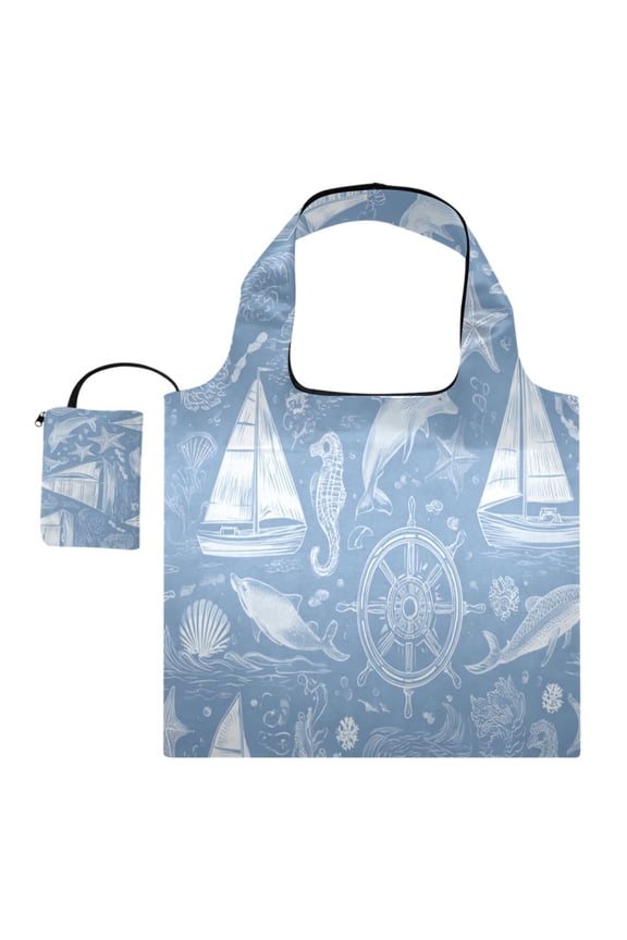 Stylish Foldable Shoulder Handbag Lightweight Durable Portable Fashion Bag Perfect for Shopping, Picnic, Party, Commuting & Travel Blue Nautical Style Pattern