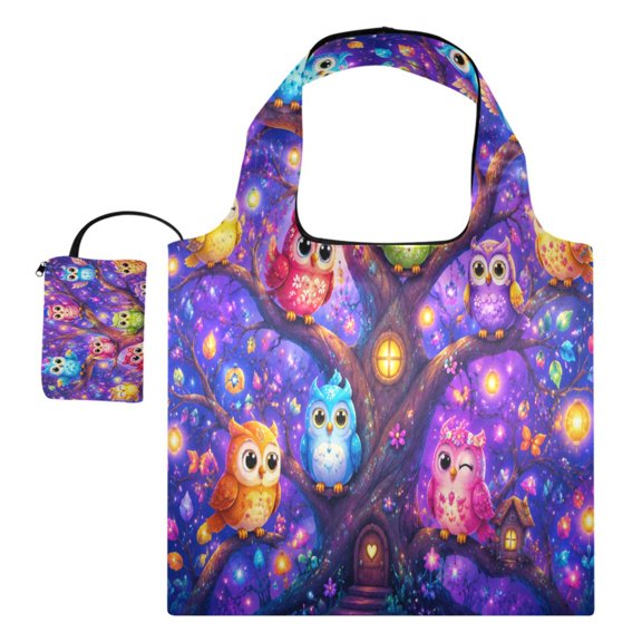 Stylish Foldable Shoulder Handbag Lightweight Durable Portable Fashion Bag Perfect for Shopping, Picnic, Party, Commuting & Travel Magical Owls Tree Artwork