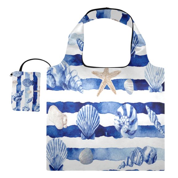 Stylish Foldable Shoulder Handbag Lightweight Durable Portable Fashion Bag Perfect for Shopping, Picnic, Party, Commuting & Travel Ocean Stripes Shells Artwork