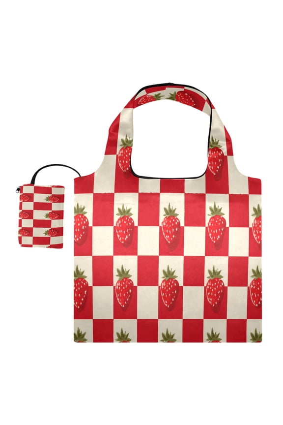 Stylish Foldable Shoulder Handbag Lightweight Durable Portable Fashion Bag Perfect for Shopping, Picnic, Party, Commuting & Travel Strawberries Checkered Tablecloth