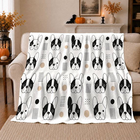Stylish French Bulldog Faces Geometric Pattern, Playful Pet Portrait Pattern, Warm Flannel Blanket for Living Room and Bedroom, Dog Lovers Just Because Gift, Pet Lover Home Decor