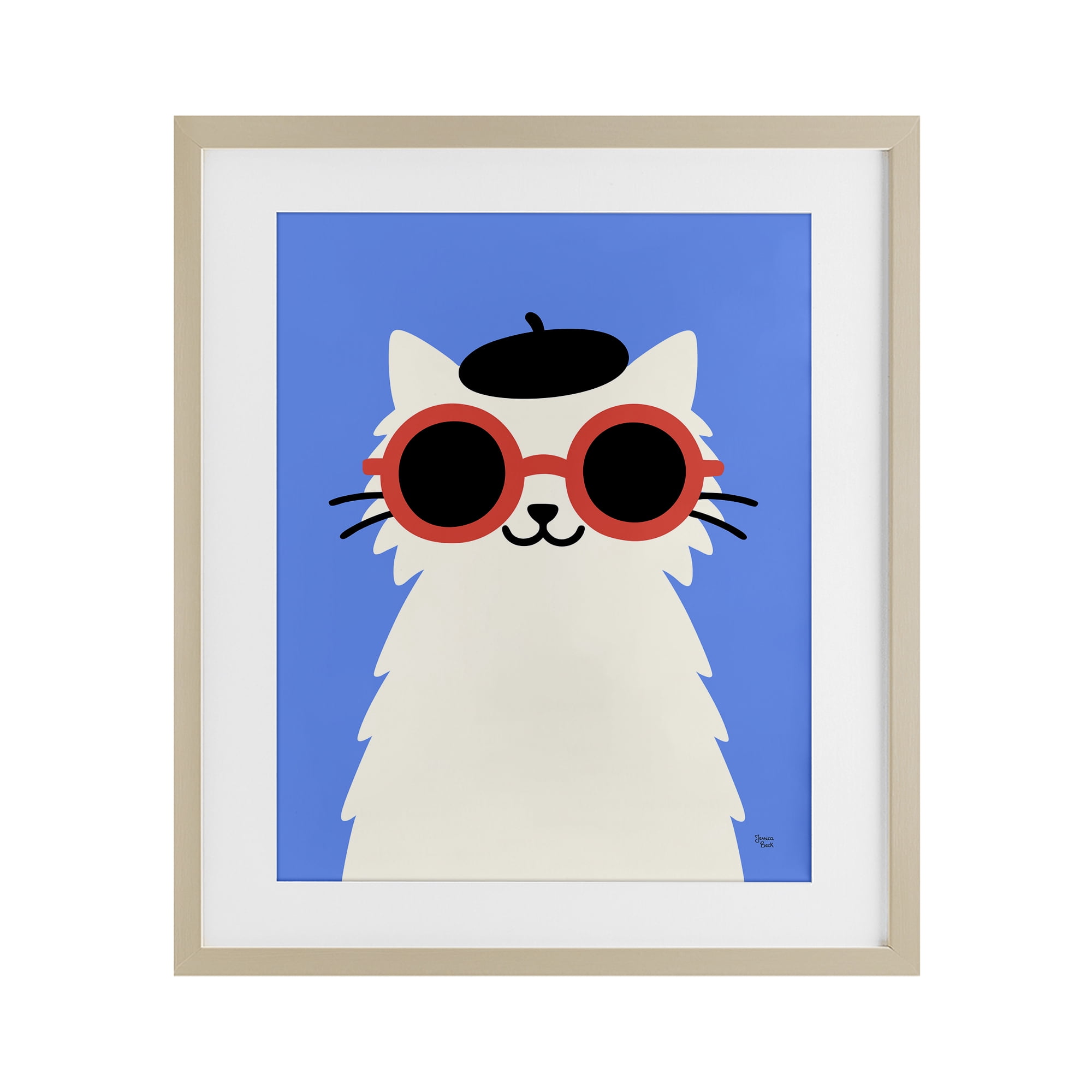 Stylish French Cat Birch Framed Print Under Glass, design by Jessica Beck