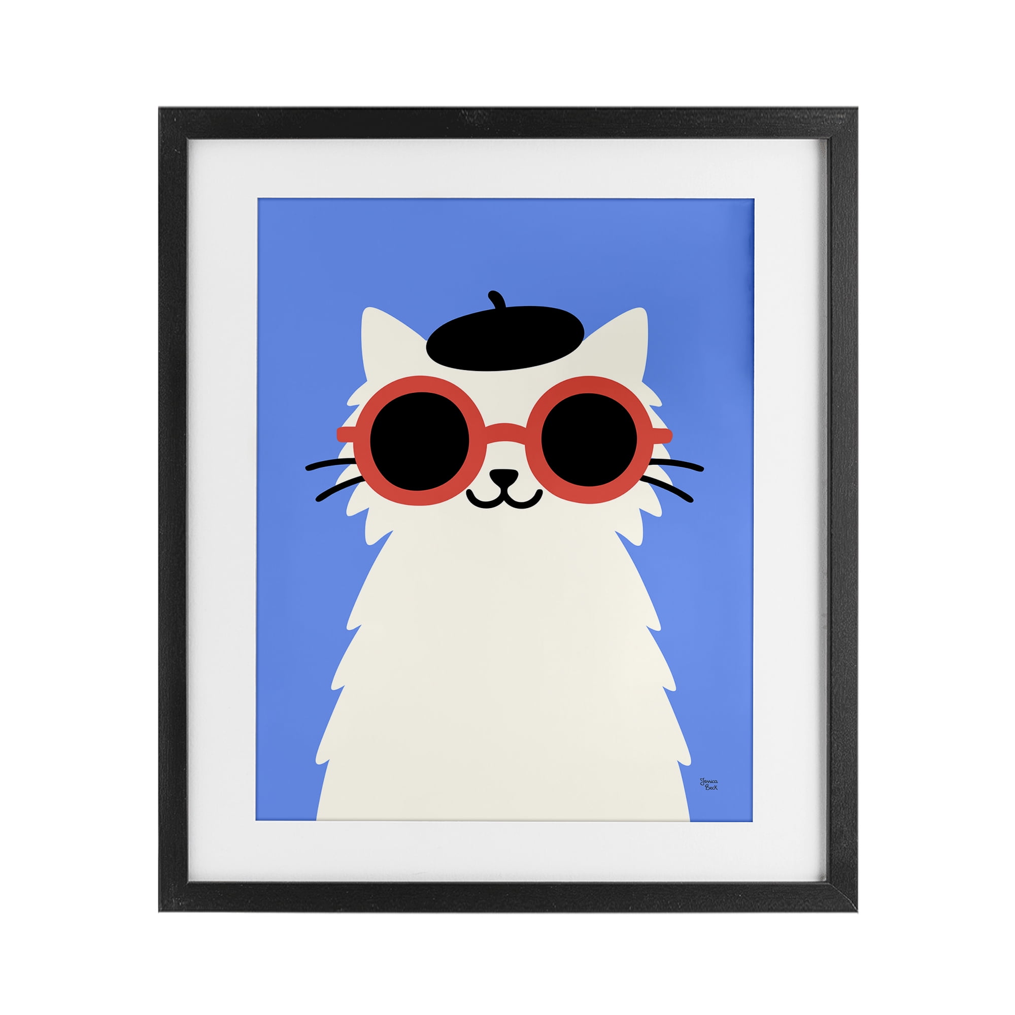 Stylish French Cat Black Framed Print Under Glass, design by Jessica Beck