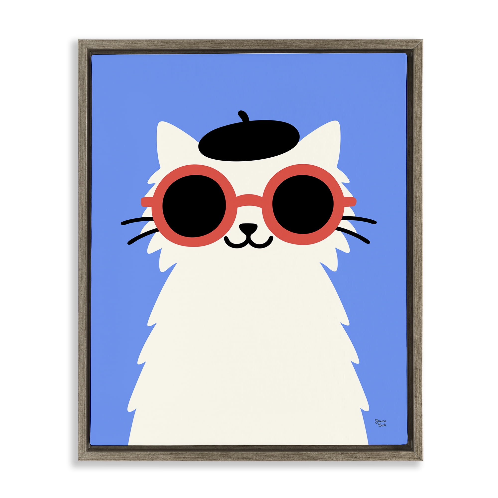Stylish French Cat Brown Framed Floater Canvas Wall Art, design by Jessica Beck