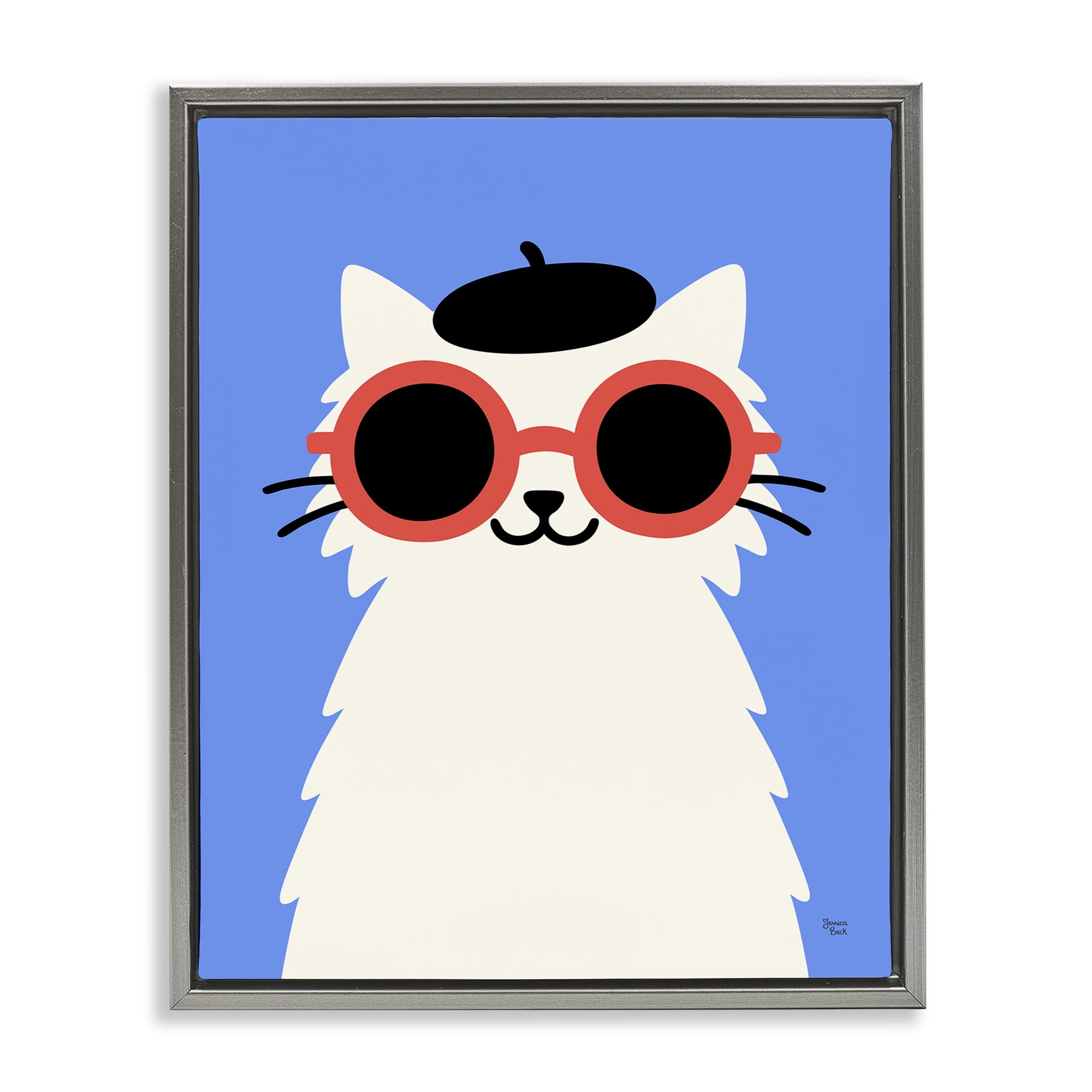 Stylish French Cat Gray Framed Floater Canvas Wall Art, design by Jessica Beck