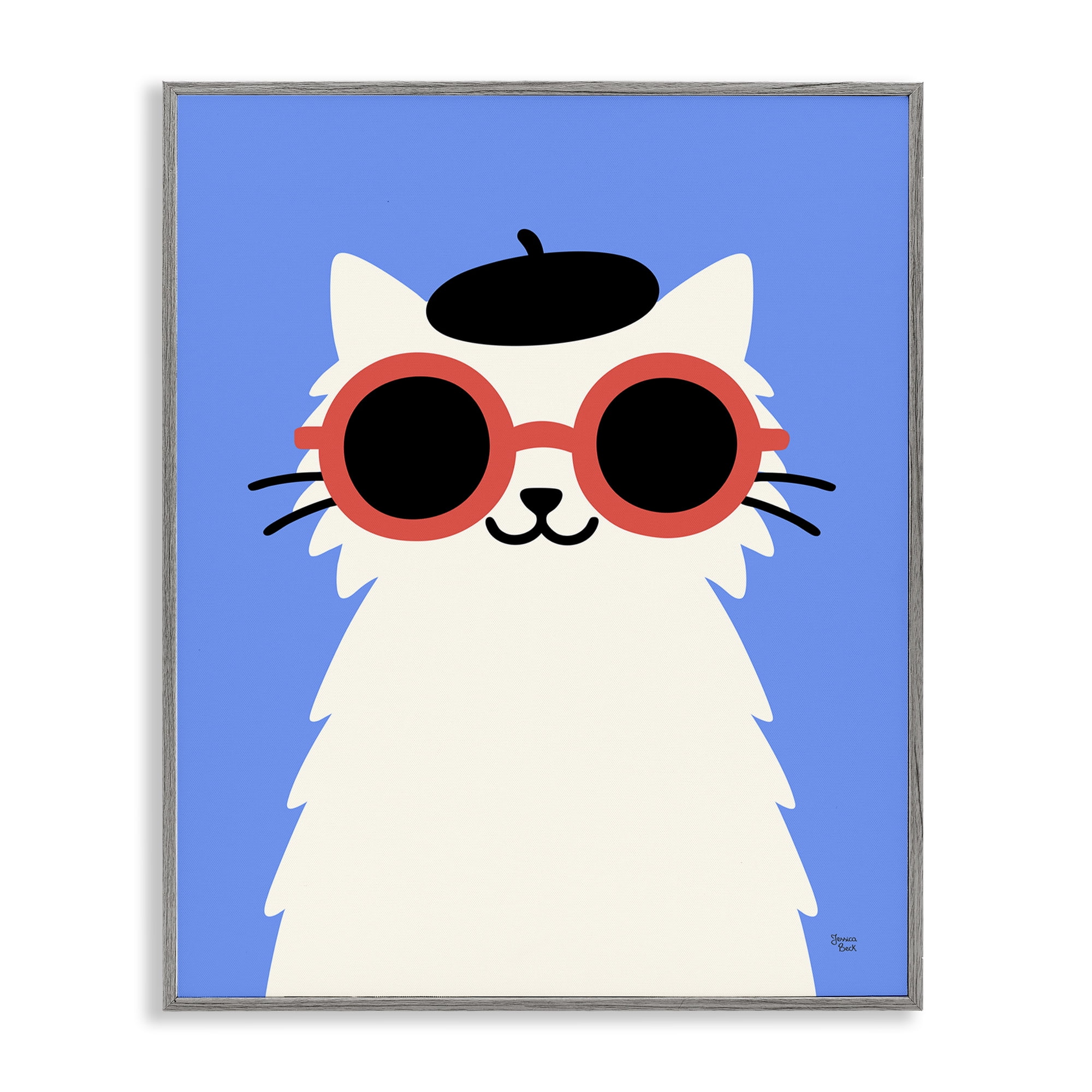 Stylish French Cat Gray Framed Giclee Art, design by Jessica Beck