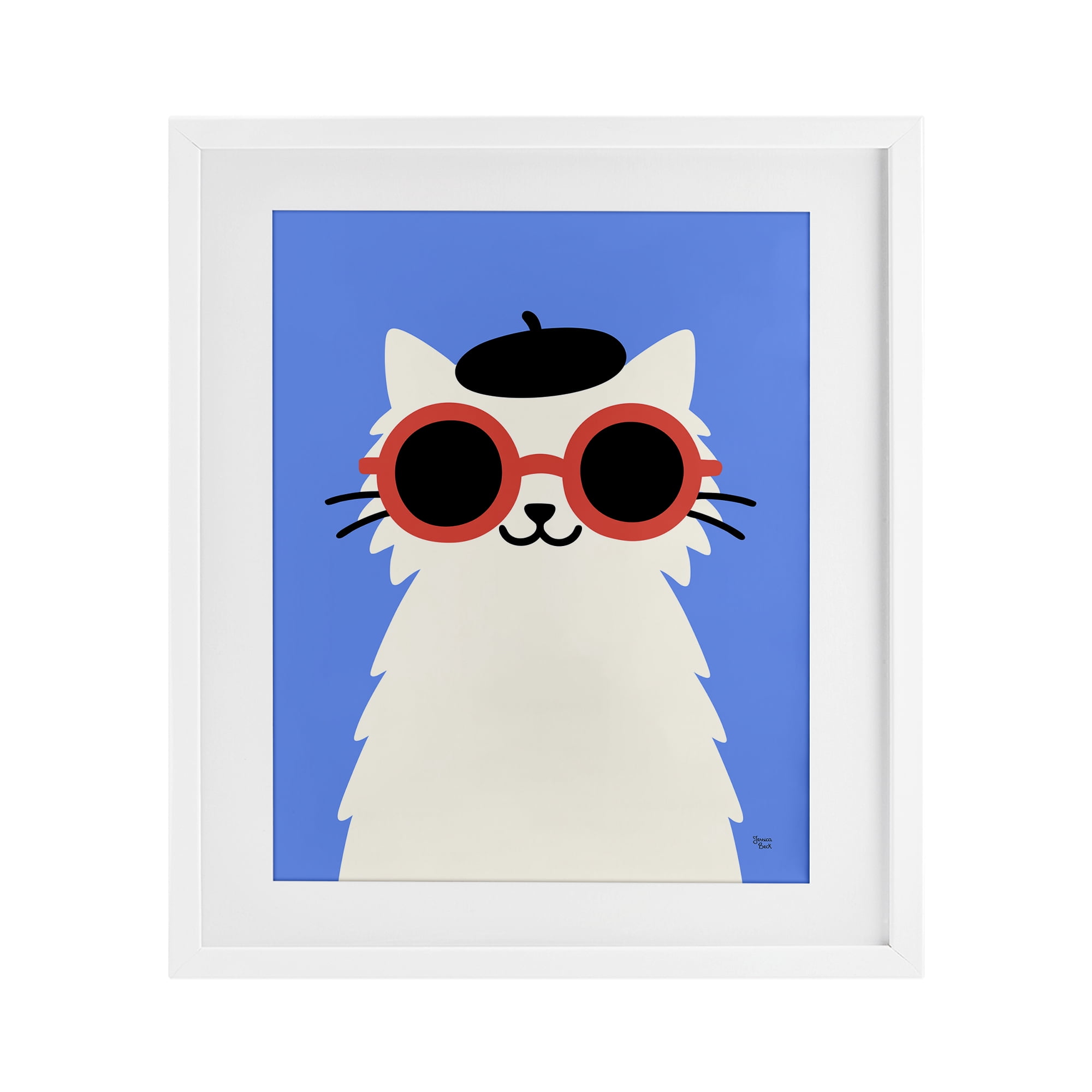 Stylish French Cat White Framed Print Under Glass, design by Jessica Beck