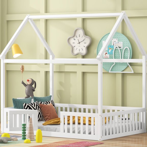 Stylish Full Size Wood House Bed With Fence, Door In White Hue Look