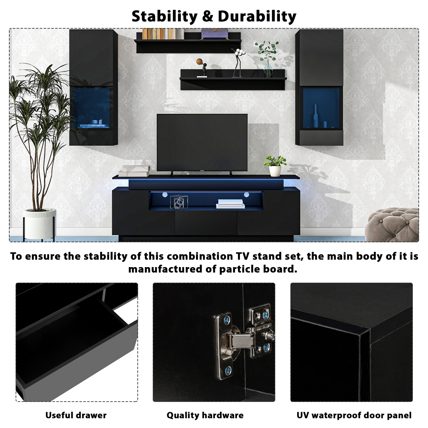 Stylish and Functional ONTREND High Gloss Black Floating TV Stand Set