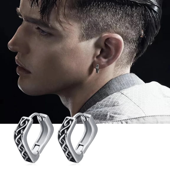 Stylish Geometric Hoop Earrings for Men, Waterproof 14K White Gold Nordic Viking Rune Almut Rhombic Triangle Huggies Jewelry