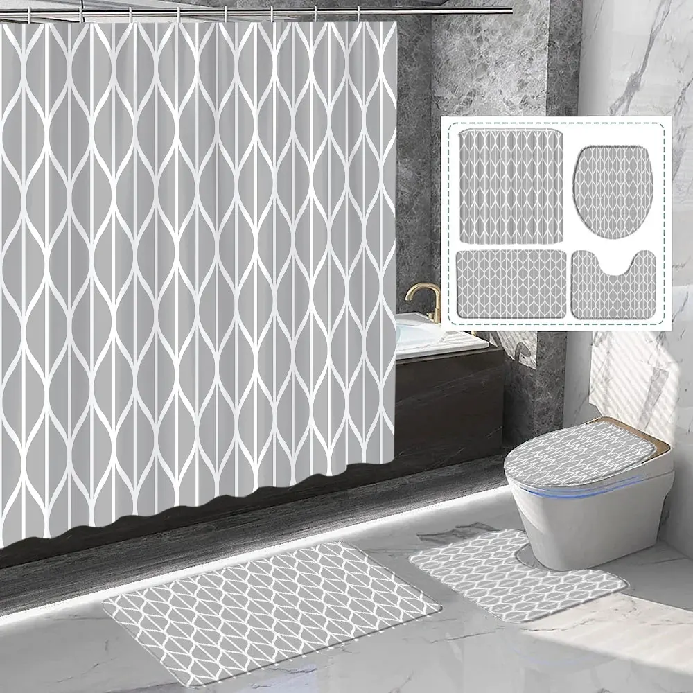 Curtain Rug Stylish Geometric Lines Shower Curtain and Rug Set Grey and White ...