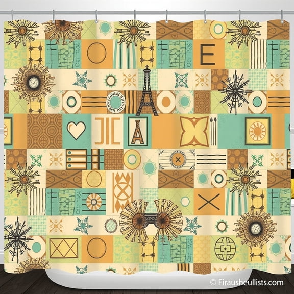 Stylish Geometric Patchwork Shower Curtain in Earthy Tones - Retro Charm
