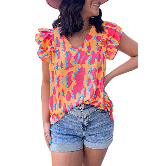 Stylish Geometric Patterned Blouse with Ruffle Sleeves - Orange, (US 4-6)S