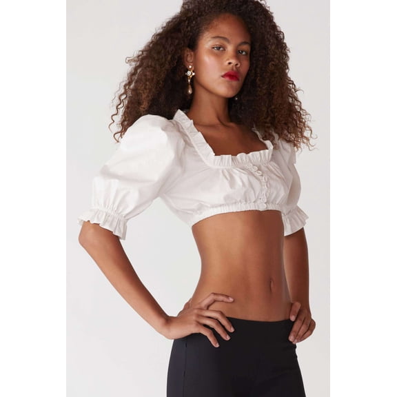 Stylish Gingham Cropped Puff Sleeve Top (M, White)