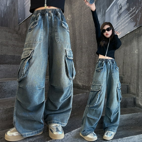 Stylish Girls Cargo Pants Elastic Waist Wide Leg Jeans Casual Denim Trousers with Pockets for Everyday Wear