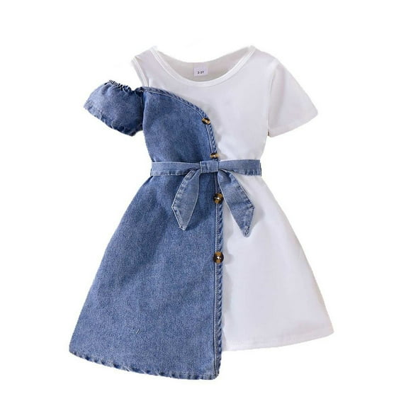 Stylish Girls Denim Dress with Short Sleeves and Layered Asymmetrical Hem and Adjustable Waist Sash for Toddlers