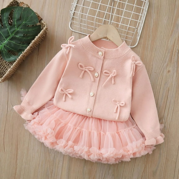 Stylish Girls Knitwear Two Piece Set Cozy Sweater Dress with Elegant Puff Sleeve Top and Matching Skirt for Toddler Baby Girls