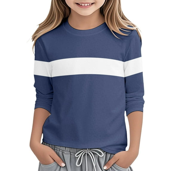 Stylish Girls Long Sleeve Color Block Round Neck Tee Soft Comfortable Casual Top For Everyday Wear 3-4 Years Navy