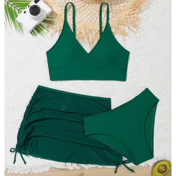 Stylish Girls Three Piece Swimsuit Set with Bikini and Flowy Wrap Skirt Cover Up