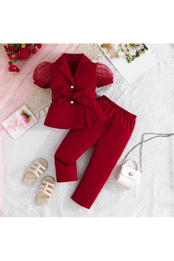 Stylish Girls Two Piece Outfit Featuring Fashion Sleeve Blouse with Mesh Sheer and Tailored Long Pants for Toddlers and Kids