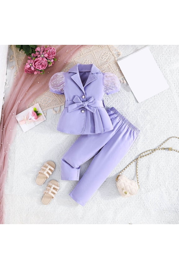Stylish Girls Two Piece Outfit Fashion Sleeve Blouse with Mesh Sheer and Tailored Long Pants Suitable for Toddlers and Kids
