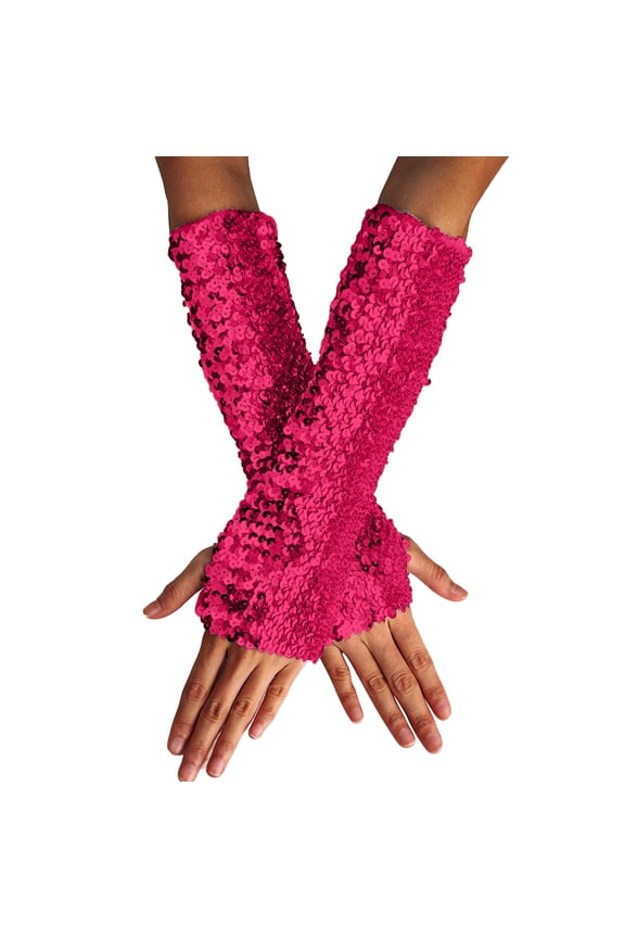 Stylish Glitter Gloves for Women and Girls, Sequin Long Fingerless Elastic Gloves, Sparkling Costume Gloves for New Year's Eve Party and Stage Performance-Hot Pink