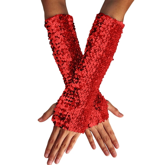Stylish Glitter Gloves for Women and Girls, Sequin Long Fingerless Elastic Gloves, Sparkling Costume Gloves for New Year's Eve Party and Stage Performance-Red