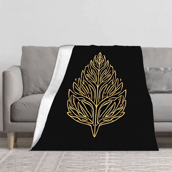 Stylish Gold Leaf Pattern Flannel Blanket - Soft Cozy and Warm for Sofa Travel Bed and Chair - Elegant Minimalist Design