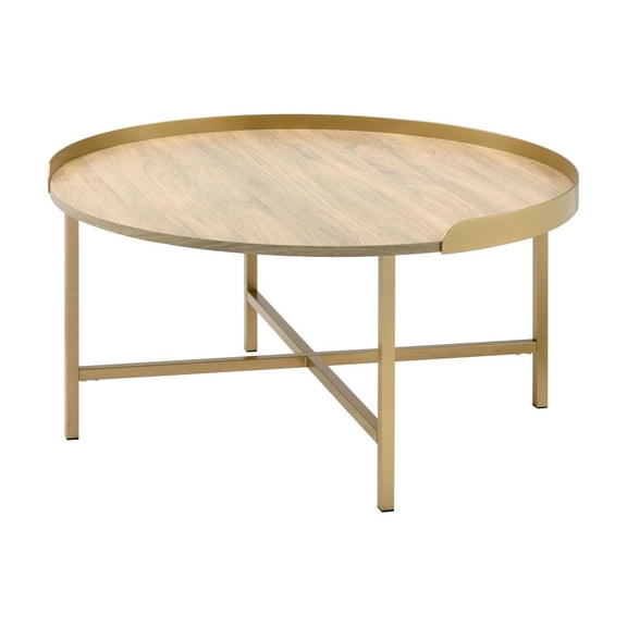 Stylish Gold and Oak Finish Coffee Table, Contemporary Design, Round Table Top with Cross-Styled Metal Base