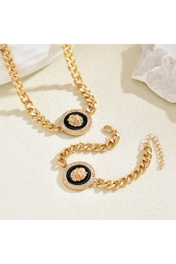 Gold Color Chain Necklace & Bracelet Set 2PCS Chunky Link Fashion Jewelry Women