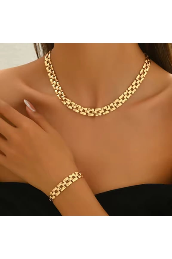 Gold Color Chain Necklace & Bracelet Set 2PCS Chunky Link Fashion Jewelry Women