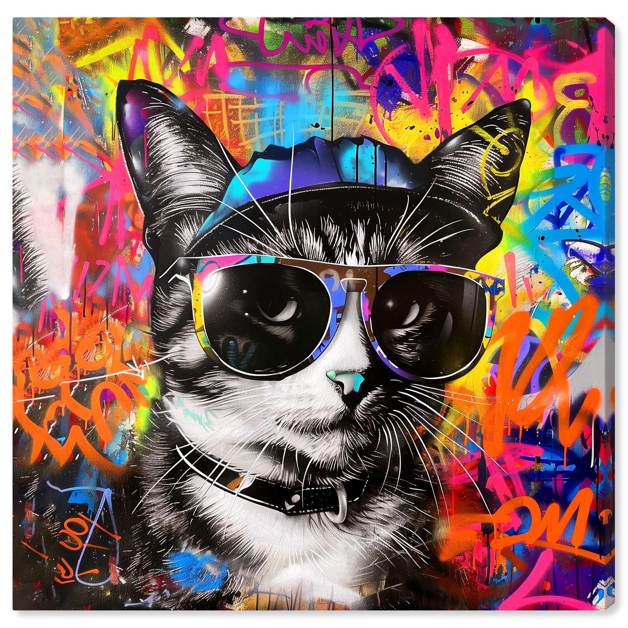 Stylish Graffiti Cat Canvas Graffiti Art by Art Remedy, Gold Frame